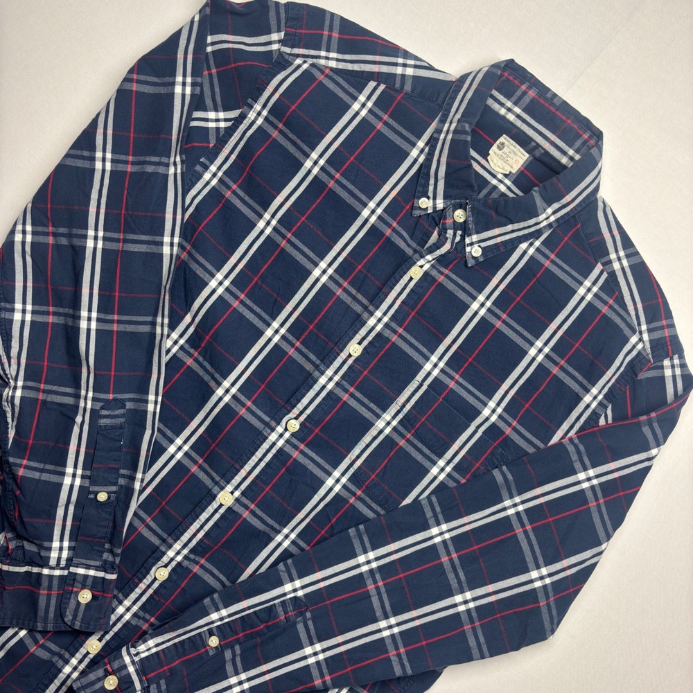 J.Crew Sunwashed Oxford Shirt Mens Large Navy Red Plaid Tailored Button Down